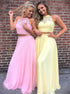 A Line Pink Yellow Two Piece Tulle Prom Dress with Appliques LBQ3065